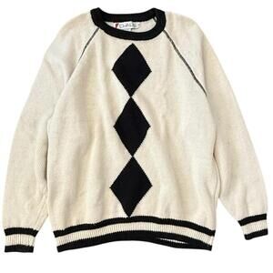 Vintage CHAUS Black Cream Diamond Knit Sweater 90s Ramie Cotton Preppy S